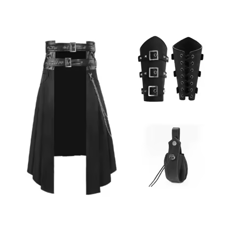 A;3\v,7'd/Adult Gothic Pleated Skirt Open Front Leather Belt Medieval Roman Warrior Punk Style Casua