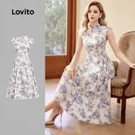 Lovito Dress Boho Gaya Cina Baru Cheongsam Qipao Structure Line Pakaian Wanita Musim Bunga/Musim Pan