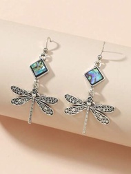 1對時尚復古方形鮑魚貝及蜻蜓耳環,女性饰品