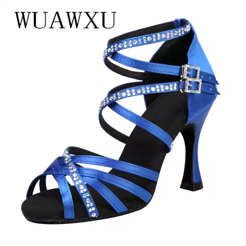 New Latin Dance Shoes Inlaid with Diamond Satin Blue 9cm High Heel Female Adult Soft Sole Social Dan