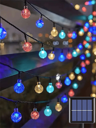 1入組LED太陽能燈泡串燈-防水燈帶，有8種照明模式，適用於花園、露營、派對、國慶日、聖誕節、婚禮、舞會、生日、庭院