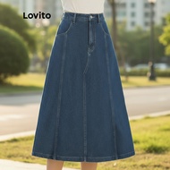 Lovito Denim Skirt Kasual Poket Wanita untuk Musim Panas/Musim Bunga L37AD066