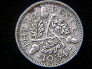 銀幣-Great Britain-1934年大英帝國橡葉及粟子3便士(Silver Pence)銀幣(英皇佐治五世像)