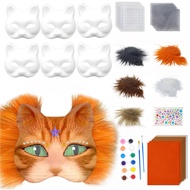 6Pcs Cat Masque Kit DIY Hand Painting Blank Cat Masque with Fur Eye Mesh Felt Sheet Furry Animal The