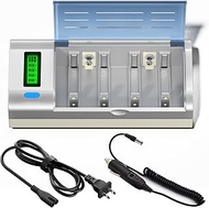 Palogreen Universal LCD Battery Charger with AC Plug Included and Car Charging Cable for AA, AAA, C,