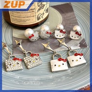 ZUP 1Pair Hello Kitty Sparkling Diamond Stud Earrings Anime Sanrio KT Cat Bow Stud Kawaii Woman Jewe