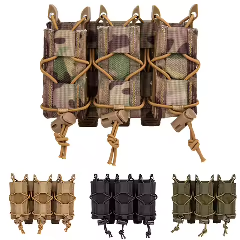 Tactical 9mm Triple Magazine Holder Pouch MOLLE Elastic Retention Quick Detach for 7.62 Rifle Magazi