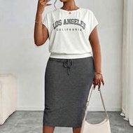 Plus Size Women's Petite 2pcs/Set Round Neck Short Sleeve Letter Print Gray Summer Casual 90s Everyd
