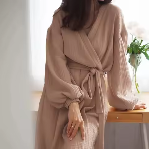 Women's Muslin 100% Cotton Gauze Long Bathrobes Pajamas Long Sleeve Casual Loose Breathable Solid Ba