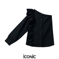 iCONiC NASA TOP #9043 เสื้อผญ แขนเดียว แต่งระบาย อก34" ยาว23" เสื้อแฟชั่น เสื้อแฟชั่นผญ เสื้อออกงาน