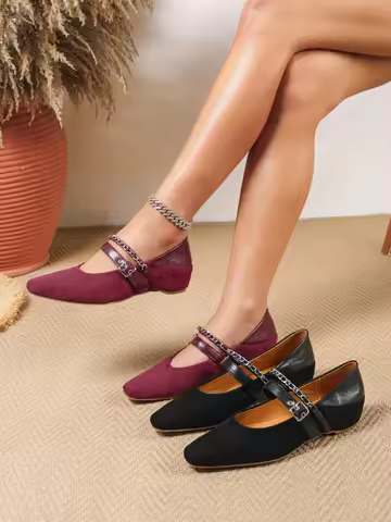 Women's Mary Jane Shoes, 3.5cm Heel Height, Retro Square Toe, Suede Shallow Mouth Shoes, Metal Chain