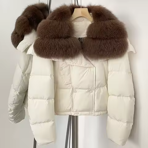 2025 New Real Fur Coat Women Short Puffer Jacket Autumn Winter White Duck Down Coat Double Breasted 