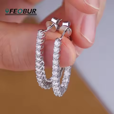 FEOBUR 1.8CT All Moissanite Hoop Earrings Pure 925 Silver Certified Sparkling Lab Diamond Ear Hoops 