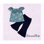 SET BAJU BABY BAJU BUNGA DAISY BIRU DAN SELUAR PALAZO JEANS LEMBUT