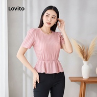 Lovito Blus Kasual Berlipat, Lembut dan Selesa, Musim Bunga/Panas, Merah Jambu untuk Wanita L138ED56