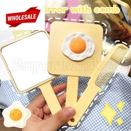 (BC)  Poached Egg Makeup Mirror - Handle Mirror with Comb - High Definition Glasses - Cute, Portable