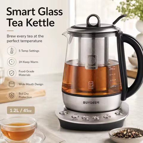 BUYDEEM Tea Maker Electric Kettle, 1.2L Glass Tea Kettle with Removable Infuser, 5 Temperature Setti