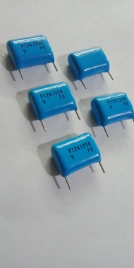 0.12UF 250V 124J 120NF 124PFไมล่าคาปาซิเตอร์ ญี่ปุ่นสีฟ้าขาห่าง13มิล ขาตัดสั้นจากโรงงาน(แพ็ค10ตัว) #