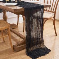 1pc Black Cheesecloth Table Runner, 35 X 120 In / 90 X 300 Cm, 35 X 70 In / 90 X 180 Cm, 35 X 157 In