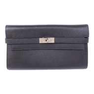 HERMES Epsom皮革Kelly Wallet銀扣長錢包Noir