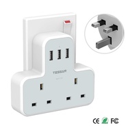 TESSAN TS221 2 Way Extension Plug Power Socket With 3 USB Port Output 3A Fast Charging Adaport Wall Socket  Extension Plug  13A UK 3 Pin Extension Power Socket （Gray-White）