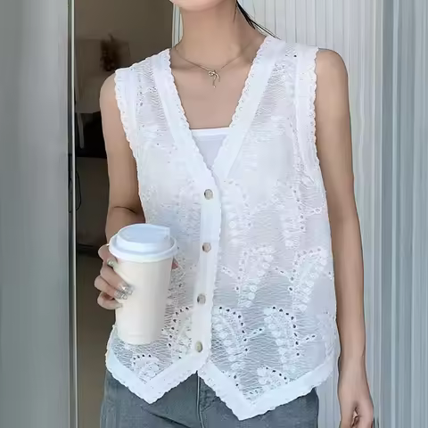 Sheer Crochet Top Sleeveless Button Front V-Neck Open-knit Embroidery Blouse Women Summer Boho Cotta