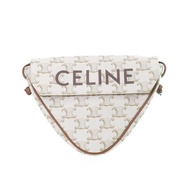 CELINE Triomphe復古秀款大Logo老花小牛皮拼皮革拼帆布三角包
