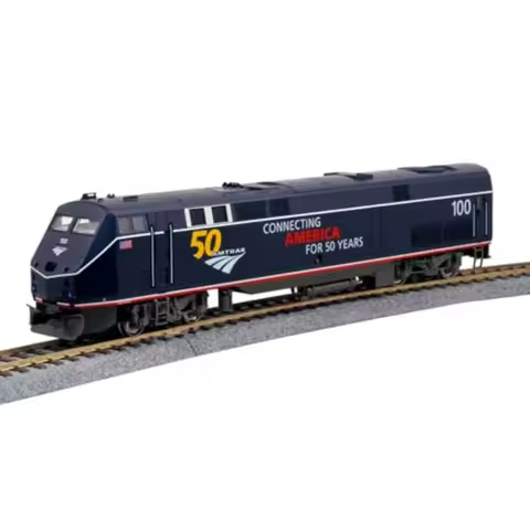 USA model train for display: GE P42 Amtrak locomotive in midnight blue with 50th Anniversary logo, d