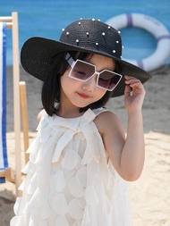2入組兒童新款寬邊珍珠海灘草帽配墨鏡同色酷炫百搭適合戶外活動