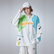 白色假兩件長袖T恤 小怪獸印花POLO衫撞色上衣