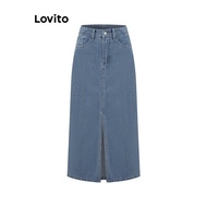 【In stock】Lovito Women Casual Plain Split Front Washed Button Denim Skirt L97AD049 FCH9 MCZ8 52J3 9Q