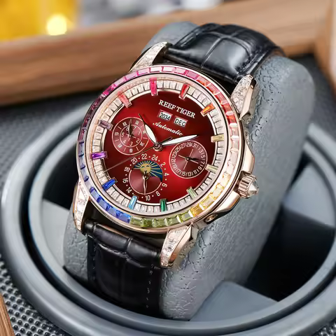 Reef Tiger Men's Multifunction Moonphase Automatic Watch Rose Gold Rainbow Diamond Bezel Leather Cla