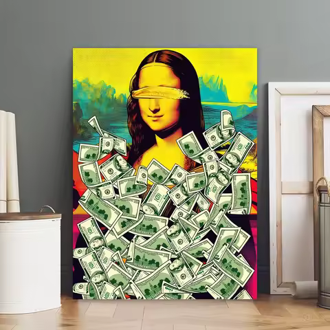 (No frame)Funny Money Wall Art Prints Mona Lisa And Money Poster 100 Dollar Bill Wall Decor Money Su