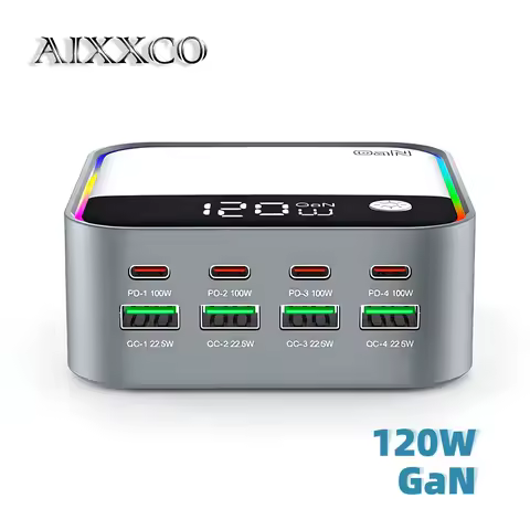 Charger GaN Fast AIXXCO 8-Port GaN Fast Charger with Digital Display USB Type C 100W PD QC3.0 for iP