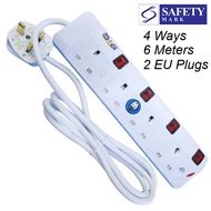 6 Meter 4 Ways SG 3 Pin Plug Extension Power Cord EU 2 Pin Plug Direct