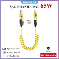 XO 4in1 charging cable, 65W 4-lead fast charging cable - Metal cable spring charging cable. Phone ch