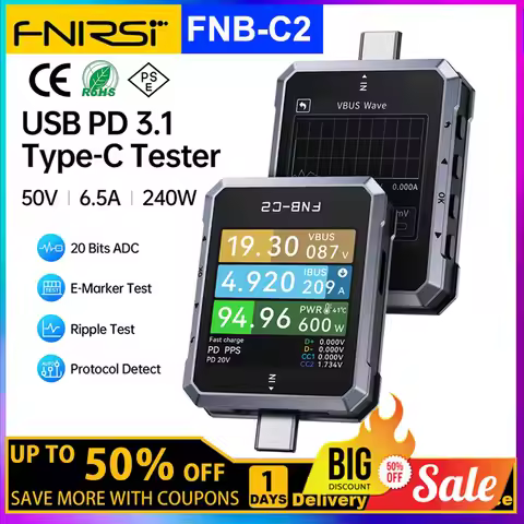 FNIRSI FNB-C2 Type-C Fast Charging Tester PD3.1 240W Max Power Digital Ammeter Voltmeter Charger Pow