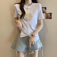 Womens Chinese style T-shirt 2024 summer new print slimming fashion loose casual patchwork top