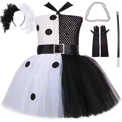 Cruella De Vil Tutu Dress Girls Dalmatians Black White Witch Cosplay Halloween Costume Kids Fancy Ca
