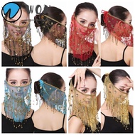 WON Face Veil Lake Blue Color with Beaded Solid Color Costumes Mesh Face Veil