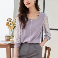 Korean Style Blouse Women Square Neck Floral Stitching Long Sleeve Shirt Baju Wanita Blaus