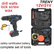 TRENY Drill Cordless Set Drill Battery Hand Impact Drill Bateri Screwdriver Hammer Drill Bits 12v 21