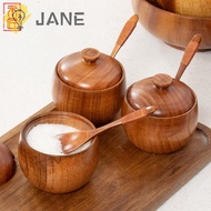 JANE Wooden Storage Jar Salt Sesame Bottle Spice Shaker Storage Boxes Retro Salt Bowl BBQ Cooking He