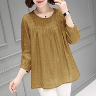 🍄Ready Stock⚡Round Neck Shirt Women Autumn Plus Size Loose Korean Style Cotton And Linen Blouse Labuh Murah Muslimah Blause Wanita Baju Kemeja Perempuan