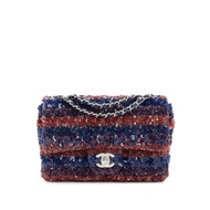 Chanel Navy and Burgundy Sequin Mini Rectangular Classic Single Flap Silver Hardware, 2018-2019