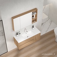 ‍🚢Wholesale Wood Color Integrated Ceramic Basin Bathroom Cabinet Mirror Cabinet Combination Set Washbasin Toilet Cream S