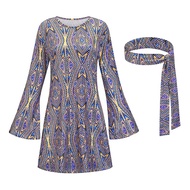 Enjoy toy Loose Fit Casual Outfit Retro Dress 70s Disco Party Costume Set with Headband Colorful Pri