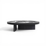 Round Coffee Table Modern Minimalist Marble Center Table with Walnut Finish Living Room Accent