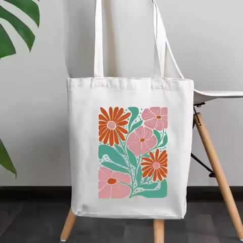 Retro Flower Canvas Tote Aesthetic Tote Bag Checkerboard Floral Bag, Reusable Shopping Bag, Daisy Ch