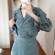 ภาษาฝรั่งเศสคํา Vintage Denim ชุดผู้หญิงฤดูร้อนหลวมไม่สมมาตรเสื้อเอวสูง A- Line กระโปรงมินิชุด 2 ชิ้
